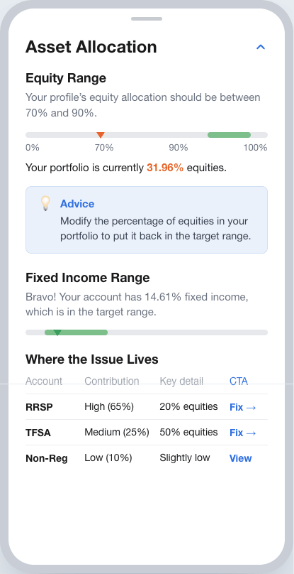 Before: Asset Allocation advice panel