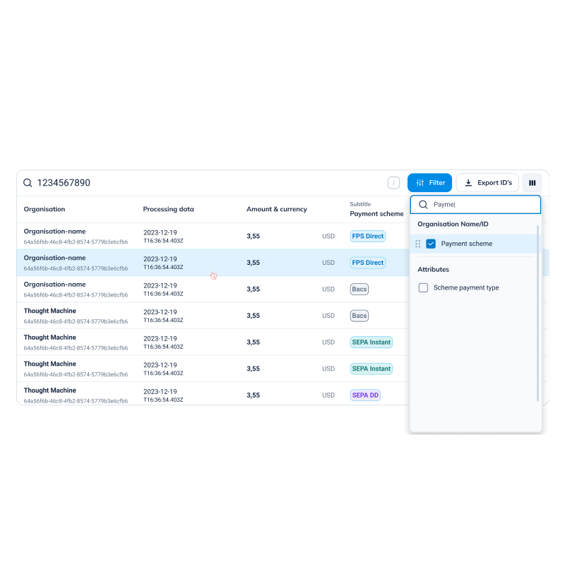 Payments list with filter panel — optimized layout