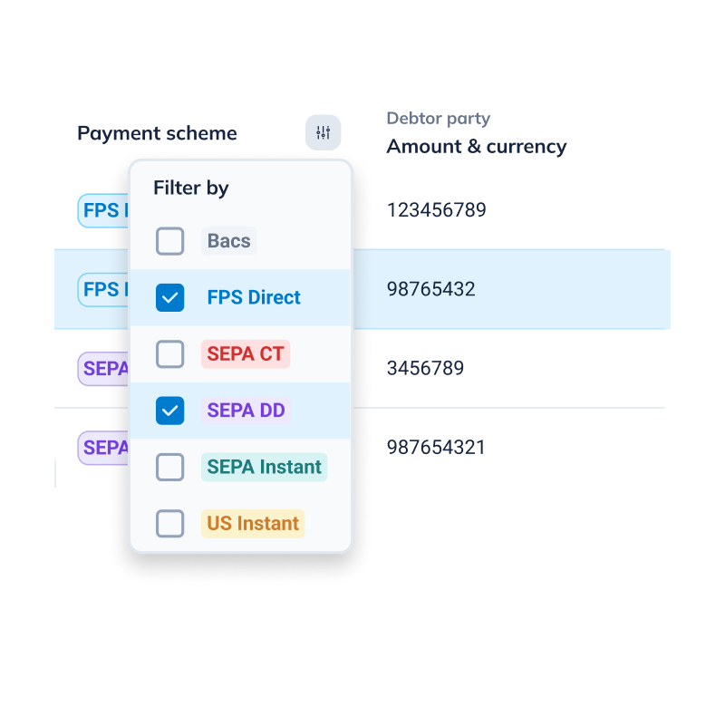 Color-coded payment scheme filter chips