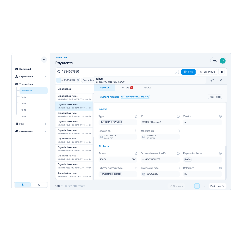 Payment detail panel alongside list — no context lost