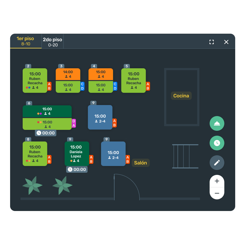 Floor plan — color-coded table status, multi-floor